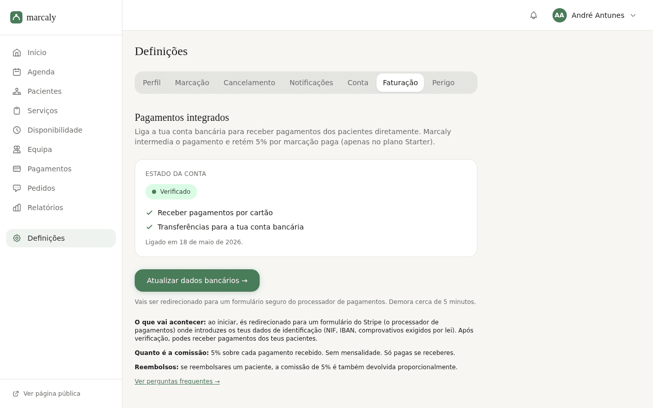 Estado da conta Connect verificada no dashboard Marcaly