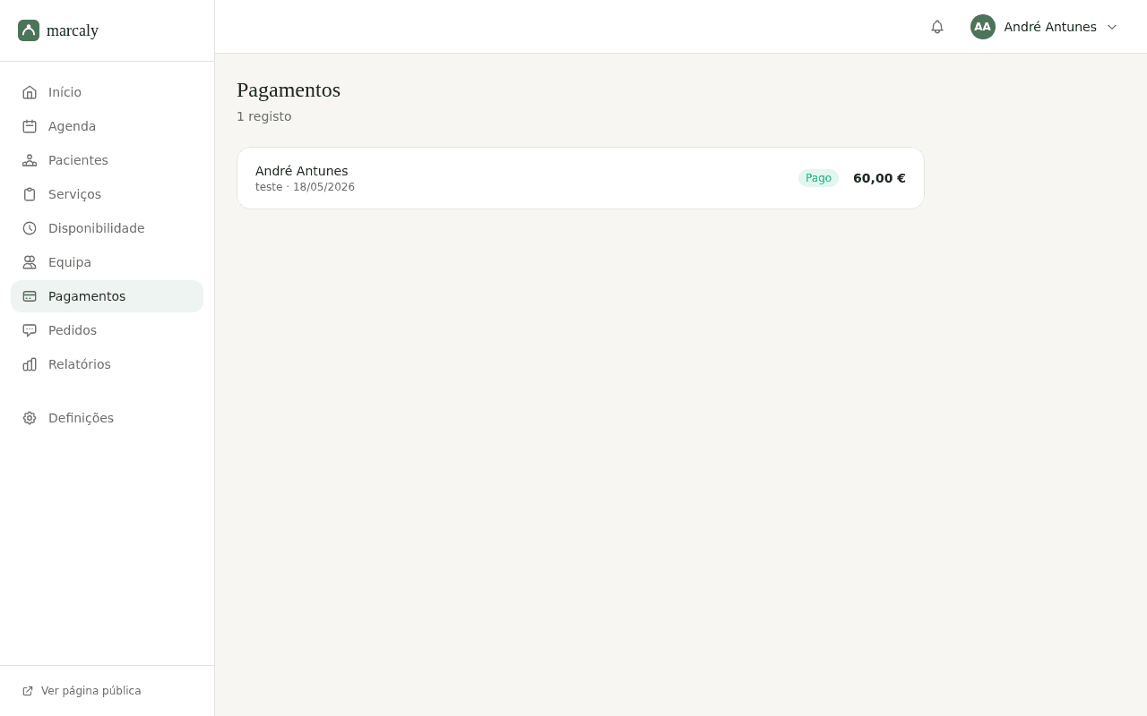 Página de pagamentos no dashboard Marcaly